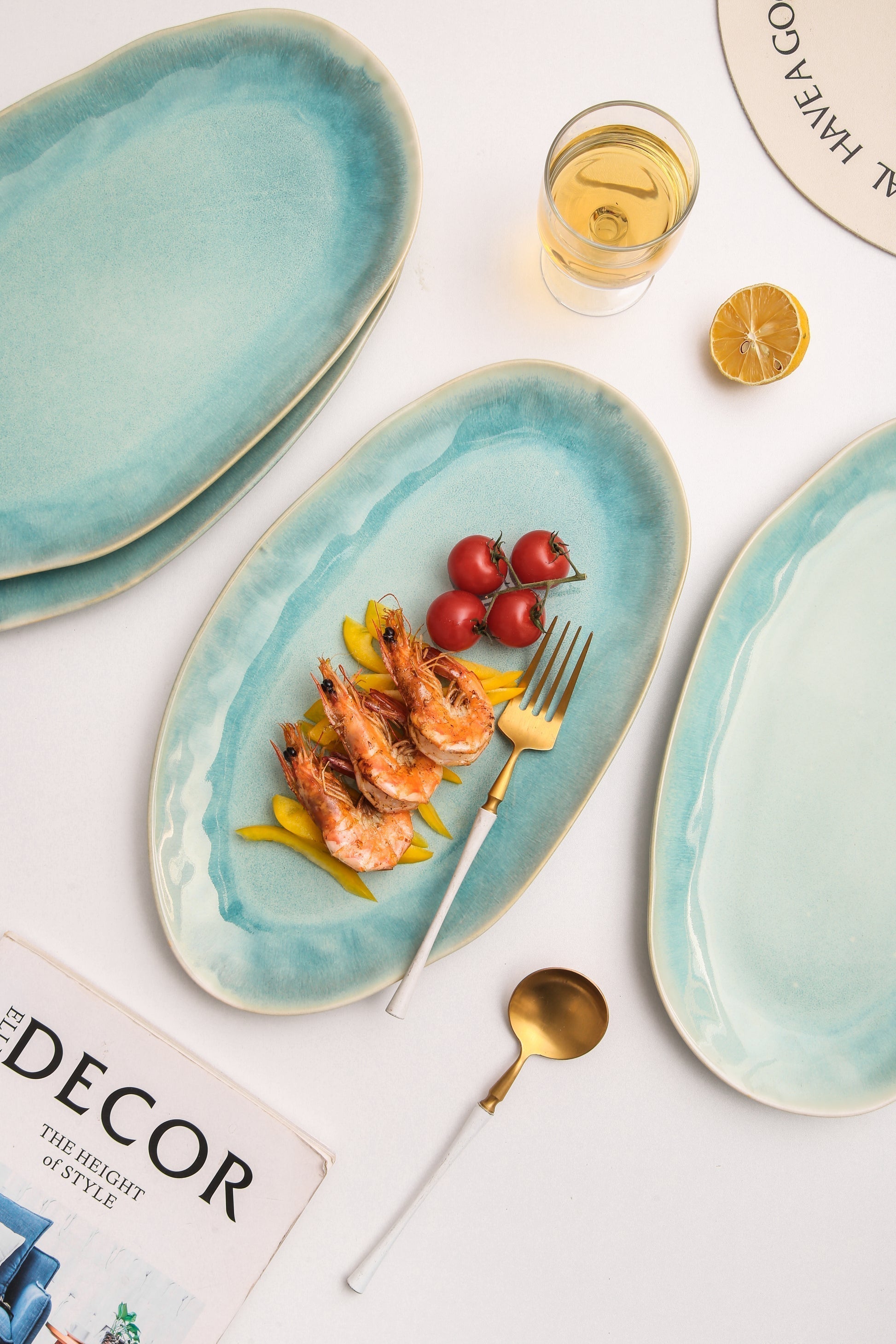3-Piece Stoneware Serving Platter Set in Aqua Blue